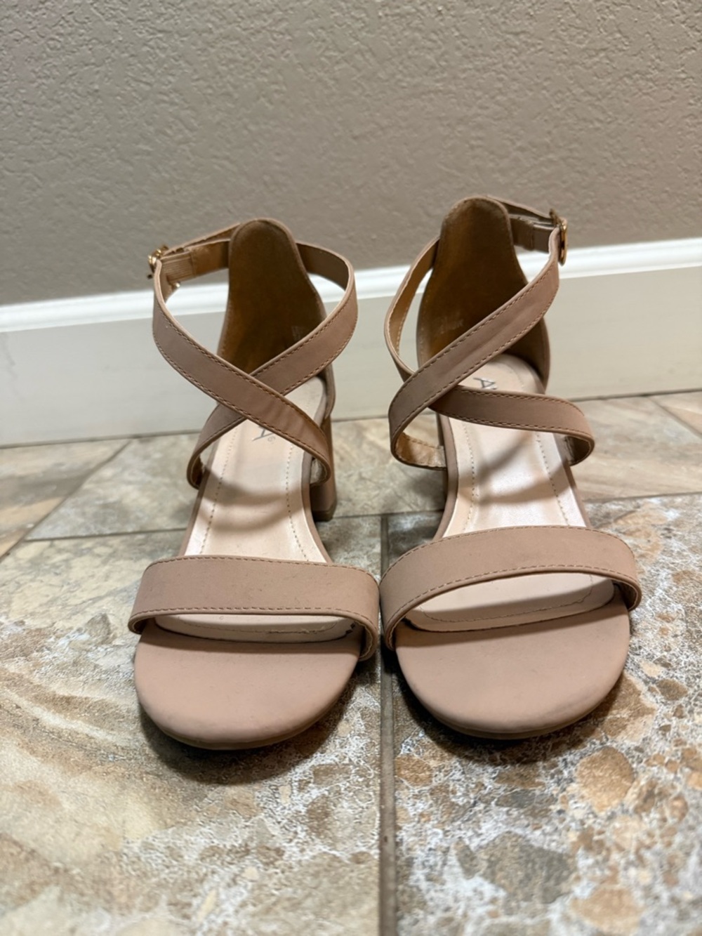 Anna Blush Tan Crisscross Block Heel Sandals